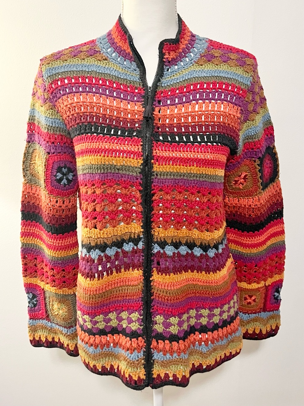 VINTAGE 90s Y2K Coldwater Creek Crochet Granny Square Cardigan Sweater. Size Med